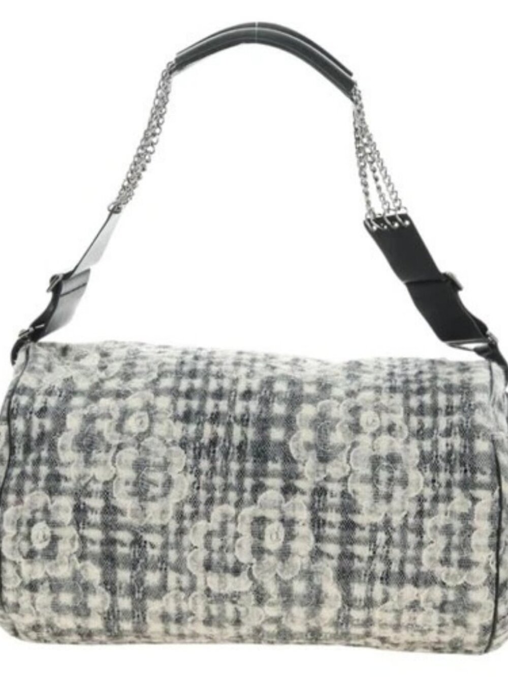CHANEL Camelia 2.55 Chain Shoulder Bag Wool Tweed White Black CC Auth 181935SM - Picture 2 of 16